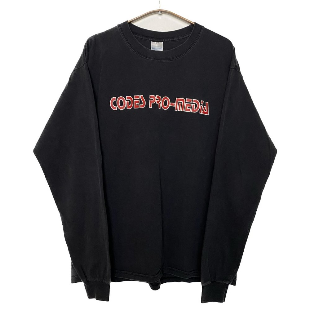Vintage Logo Long Sleeve T-Shirt Men L Black Red Sony Media Y2K Faded Spell Out